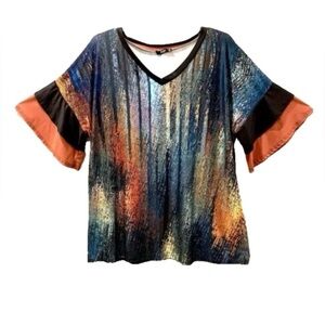 LILY BY FIRMIANA BELL SLEEVE COQUETTE TOP 3X {FITS 2X} SATIN COLORFUL DOPAMINE